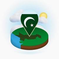 Isometric round map of Pakistan and point marker with flag of Pakistan. Cloud and sun on background. vector