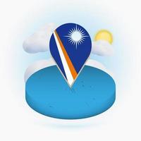 Isometric round map of Marshall Islands and point marker with flag of Marshall Islands. Cloud and sun on background. vector