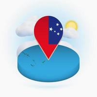 Isometric round map of Samoa and point marker with flag of Samoa. Cloud and sun on background. vector