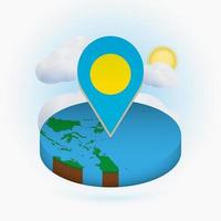 Isometric round map of Palau and point marker with flag of Palau. Cloud and sun on background. vector