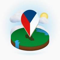 Isometric round map of Czech Republic and point marker with flag of Czech Republic. Cloud and sun on background. vector