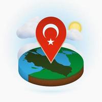 Isometric round map of Turkey and point marker with flag of Turkey. Cloud and sun on background. vector