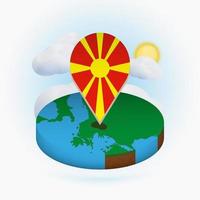 mapa redondo isométrico de macedonia y marcador de puntos con bandera de macedonia. nube y sol en el fondo.