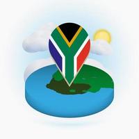 Isometric round map of South Africa and point marker with flag of South Africa. Cloud and sun on background. vector