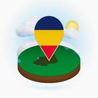 Isometric round map of Chad and point marker with flag of Chad. Cloud and sun on background. vector