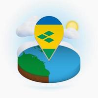 Isometric round map of Saint Vincent and the Grenadines and point marker with flag of Saint Vincent and the Grenadines. Cloud and sun on background. vector