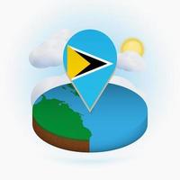 Isometric round map of Saint Lucia and point marker with flag of Saint Lucia. Cloud and sun on background. vector