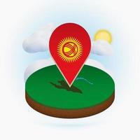 Isometric round map of Kyrgyzstan and point marker with flag of Kyrgyzstan. Cloud and sun on background. vector