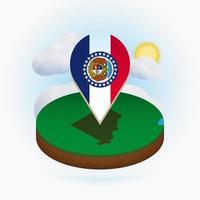 Isometric round map of US state Missouri and point marker with flag of Missouri. Cloud and sun on background. vector