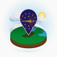 Isometric round map of US state Indiana and point marker with flag of Indiana. Cloud and sun on background. vector