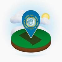 Isometric round map of US state South Dakota and point marker with flag of South Dakota. Cloud and sun on background. vector