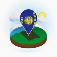 Isometric round map of US state Oregon and point marker with flag of Oregon. Cloud and sun on background. vector