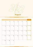 hoja de calendario vertical vectorial moderna para agosto de 2022, planificador en inglés. vector