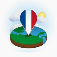 Isometric round map of Netherlands and point marker with flag of Netherlands. Cloud and sun on background. vector