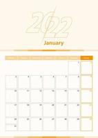 Modern vector vertical calendar sheet for January 2022, planner in English.