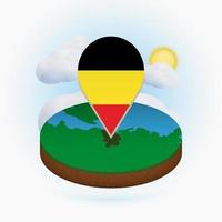 Isometric round map of Belgium and point marker with flag of Belgium. Cloud and sun on background. vector