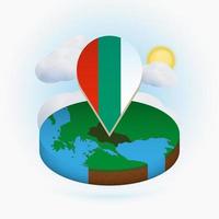 Isometric round map of Bulgaria and point marker with flag of Bulgaria. Cloud and sun on background. vector