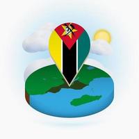Isometric round map of Mozambique and point marker with flag of Mozambique. Cloud and sun on background. vector