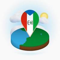 Isometric round map of Equatorial Guinea and point marker with flag of Equatorial Guinea. Cloud and sun on background. vector