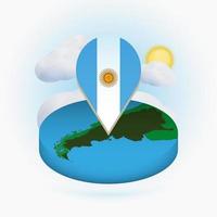 mapa redondo isométrico de argentina y marcador de puntos con bandera de argentina. nube y sol en el fondo. vector