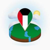 Isometric round map of Kuwait and point marker with flag of Kuwait. Cloud and sun on background. vector