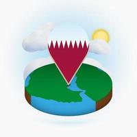 mapa redondo isométrico de qatar y marcador de puntos con bandera de qatar. nube y sol en el fondo. vector