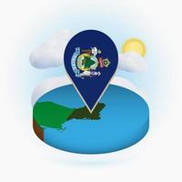 Isometric round map of US state Maine and point marker with flag of Maine. Cloud and sun on background. vector