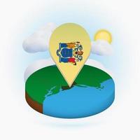 Isometric round map of US state New Jersey and point marker with flag of New Jersey. Cloud and sun on background. vector