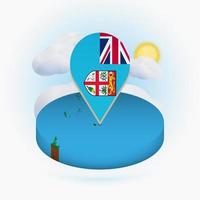 Isometric round map of Fiji and point marker with flag of Fiji. Cloud and sun on background. vector