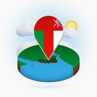 Isometric round map of Oman and point marker with flag of Oman. Cloud and sun on background. vector