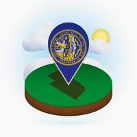 Isometric round map of US state Nebraska and point marker with flag of Nebraska. Cloud and sun on background. vector