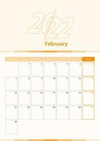 Modern vector vertical calendar sheet for February 2022, planner in English.