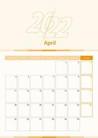 Modern vector vertical calendar sheet for April 2022, planner in English.