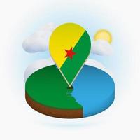 mapa redondo isométrico de la guayana francesa y marcador de puntos con bandera de la guayana francesa. nube y sol en el fondo. vector