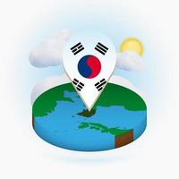 mapa redondo isométrico de corea del sur y marcador de puntos con bandera de corea del sur. nube y sol en el fondo. vector