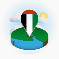 Isometric round map of United Arab Emirates and point marker with flag of UAE. Cloud and sun on background. vector