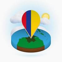 Isometric round map of Colombia and point marker with flag of Colombia. Cloud and sun on background. vector