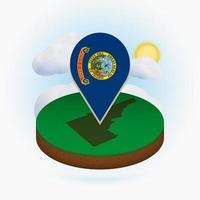 Isometric round map of US state Idaho and point marker with flag of Idaho. Cloud and sun on background. vector