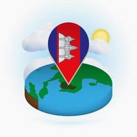 Isometric round map of Cambodia and point marker with flag of Cambodia. Cloud and sun on background. vector