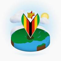 mapa redondo isométrico de zimbabwe y marcador de puntos con bandera de zimbabwe. nube y sol en el fondo. vector