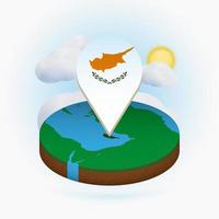 Isometric round map of Cyprus and point marker with flag of Cyprus. Cloud and sun on background. vector