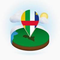 Isometric round map of CAR and point marker with flag of CAR. Cloud and sun on background. vector