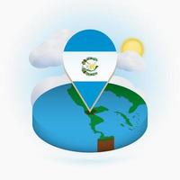 mapa redondo isométrico de guatemala y marcador de puntos con bandera de guatemala. nube y sol en el fondo. vector