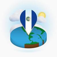 Isometric round map of El Salvador and point marker with flag of El Salvador. Cloud and sun on background. vector