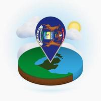 mapa redondo isométrico del estado de michigan y marcador de puntos con bandera de michigan. nube y sol en el fondo. vector