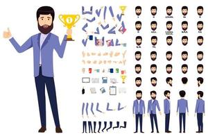 Cartoon businessman character standing with trophy with animation set with different position poses lips sync for mouth animation hands set legs set isolated vector