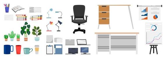 Office equipment set with different equipments files folder clipboard some paper pile chair table pc lamp plant isolated on white vector