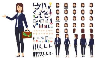 Cartoon businesswoman character standing with office bsh and pointing to with animation set with different position poses lips sync for mouth animation hands set legs set vector