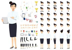 Cartoon businesswoman character standing with tablet pc computer and pointing to with animation set with different position poses lips sync for mouth animation hands set legs set vector