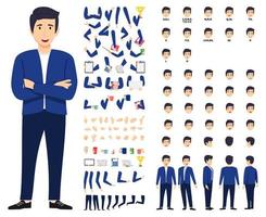 Cartoon businessman character standing and posing with animation set with different position poses lips sync for mouth animation hands set legs set isolated vector